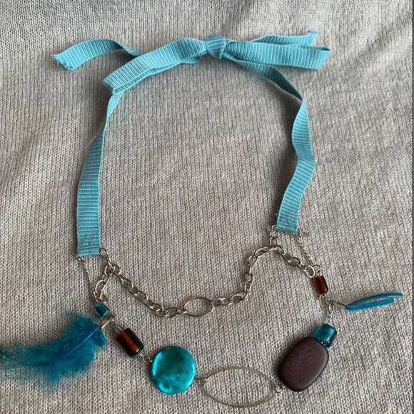 3x35$ 🐿 🍁 CREATION -Short necklace double layers with ribbon attach Aqua brown - Picture 2 of 10